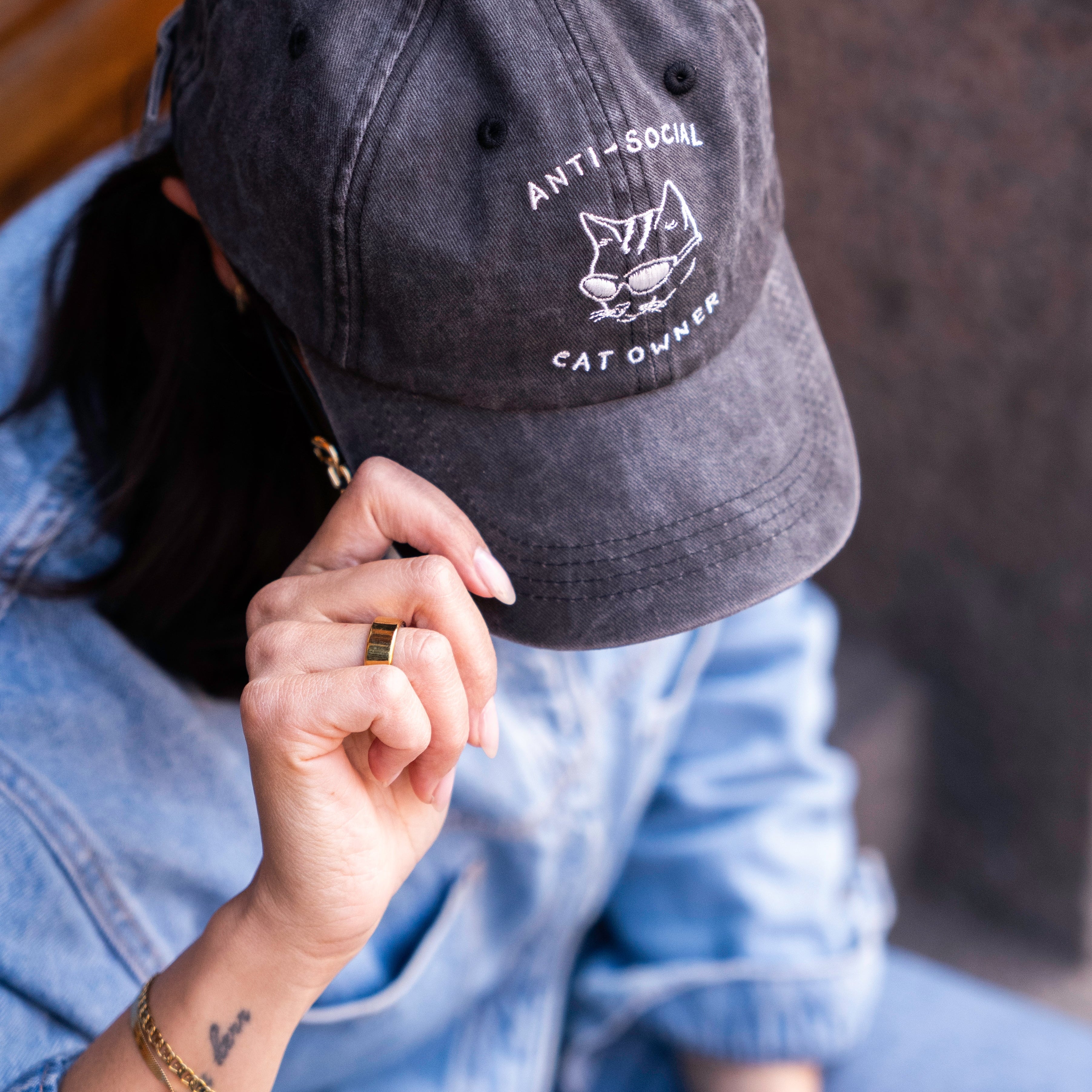 Schwarze Denim-Cap - Logo "Anti-Social Cat Owner" 