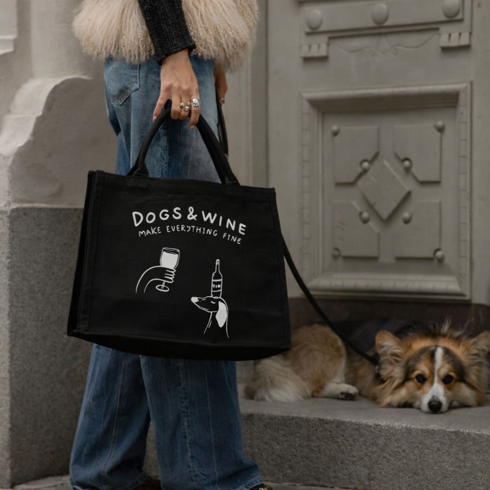 Black Premium Tote Bag - Dogs & Wine Make Everything Fine